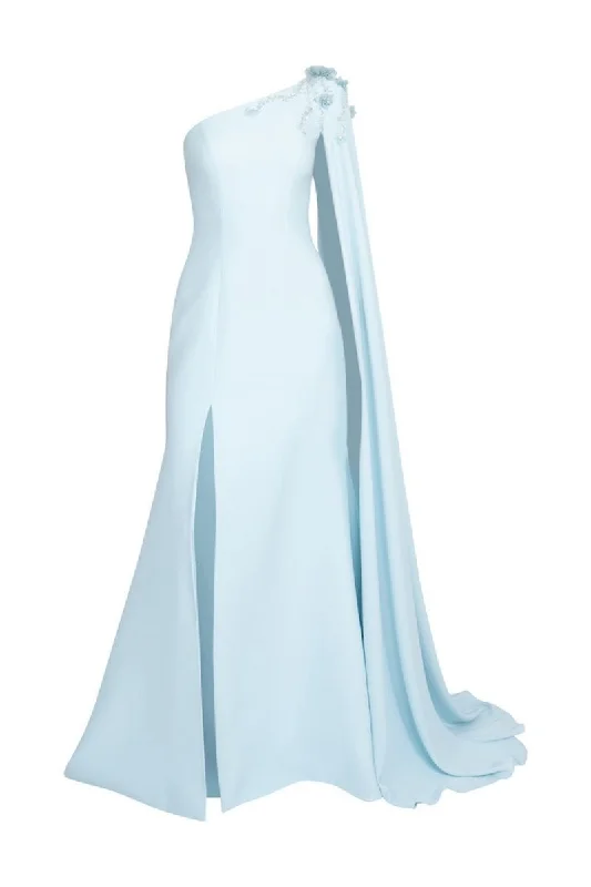 BLUE ONE-SHOULDER WITH LONG CAPE LONG DRESS Tunics Hiking breathable