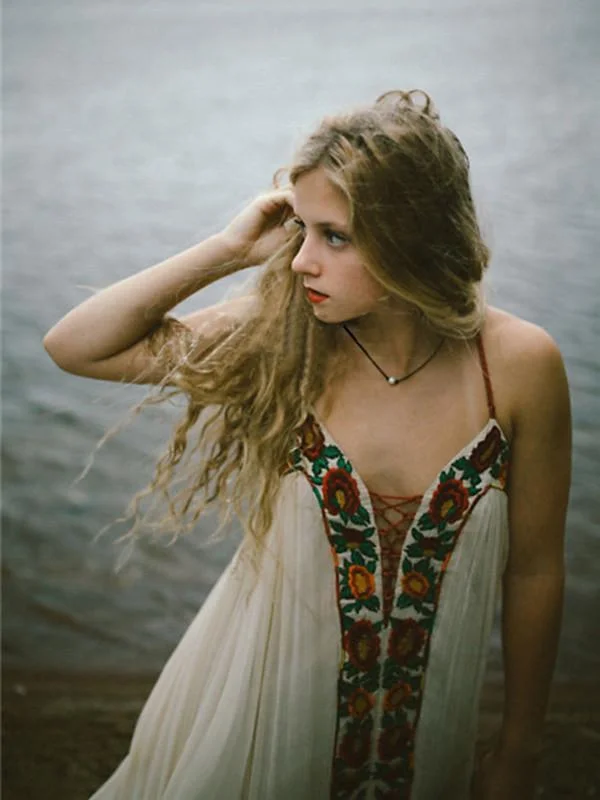 Bohemia Flower Inwrought Stripes V Neck Lace-Up Beach Long Dress Tunics Sale discount Bohemia Flower Inwrought Stripes V Neck Lace-Up Beach Long Dress Tunics Sale discount