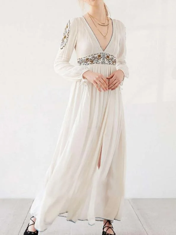 Bohemia Inwrought Long Sleeve V Neck Side Split Beach Long Dress Tunics New arrival