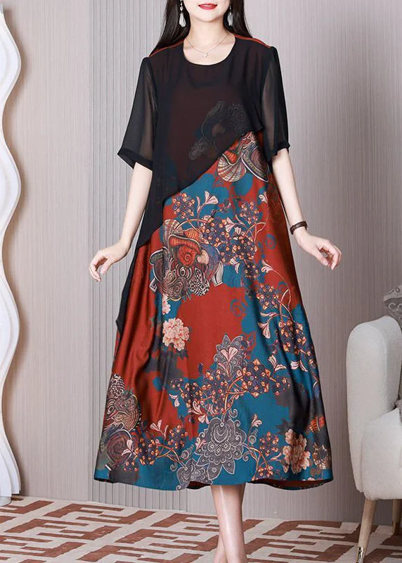 Boho Black O-Neck Patchwork Silk Fake Two Piece Long Dress Summer Tunics Sophisticated sleek Boho Black O-Neck Patchwork Silk Fake Two Piece Long Dress Summer Tunics Sophisticated sleek