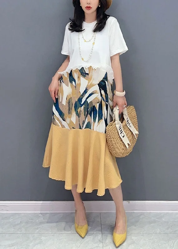 Boutique White Ruffled Print Patchwork Cotton Long Dresses Summer Tunics Top rated