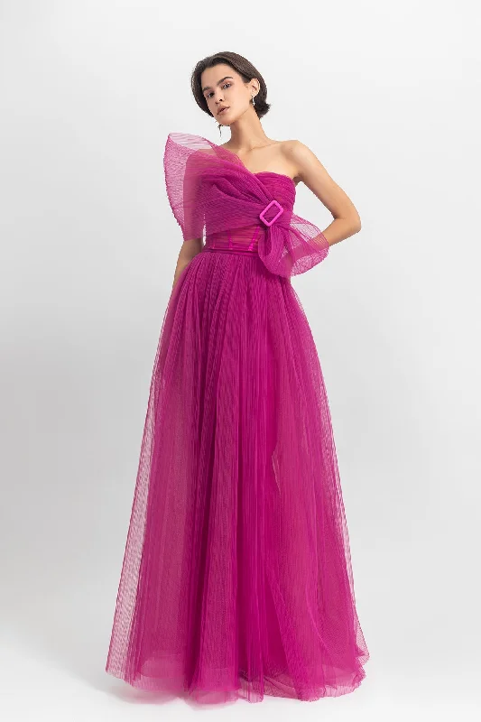 Bow-like strapless fully-pleated long dress Tunics stripes playful