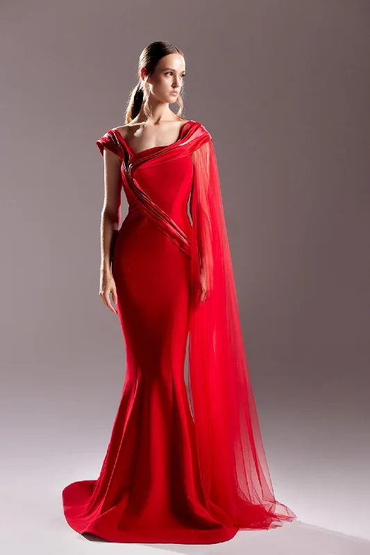 Cape sleeve mermaid silhouette crepe dress Tunics Fashionable chic
