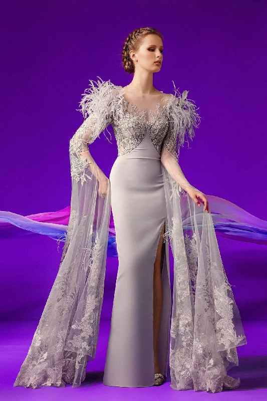 Cape sleeves beaded bodice side slit gown Tunics Stylish elegant