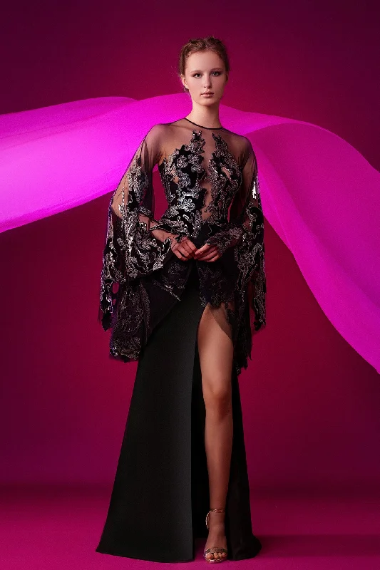 Cape sleeves velvet and crepe combination high slit dress Tunics Chic fashionable