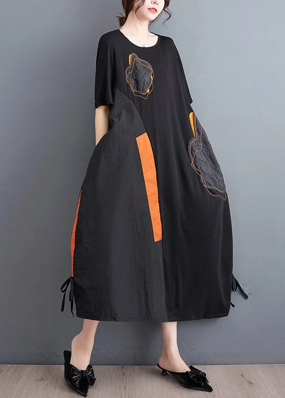 Casual Black Embroideried Floral Drawstring Long Dress Short Sleeve Crew Neckline Casual