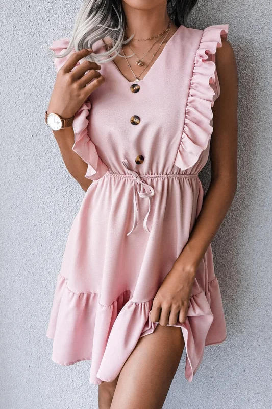Casual Elegant Solid Buckle Flounce V Neck Waist Skirt Dresses Tunics Favorite customer