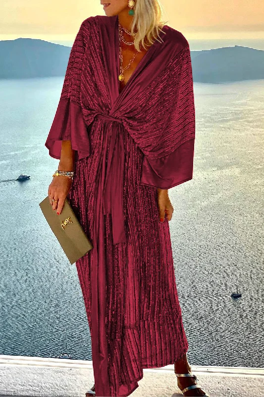 Casual Patchwork Sequins V Neck Waist Skirt Dresses(3 Colors) Maxi Flowy Bohemian