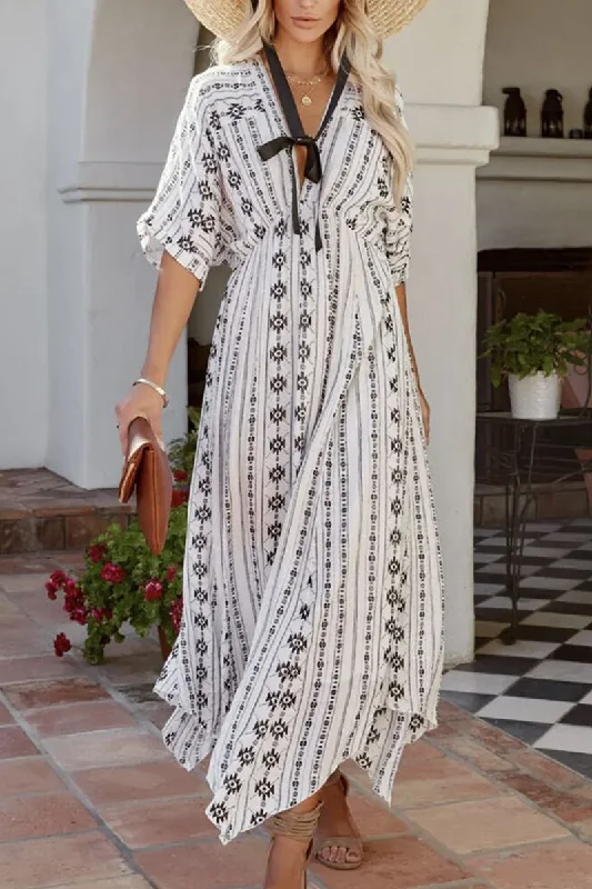 Casual Print Patchwork V Neck Waist Skirt Dresses Casual Short Summer
