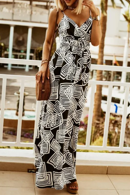 Casual Print Split Joint Spaghetti Strap Waist Skirt Dresses Tunics Trendy modern
