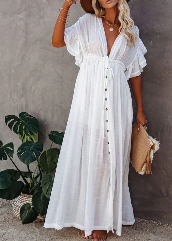 Casual White Pleated Drawstring Party Long Dresses Summer Tunics Fashionable chic