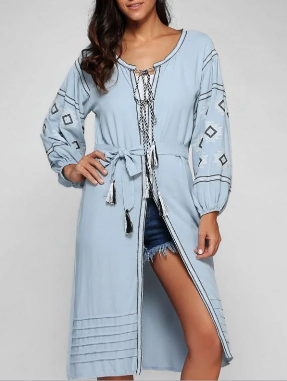 2 Colors Bohemian embroidery tassel linen long dress Tunics Leisure comfortable