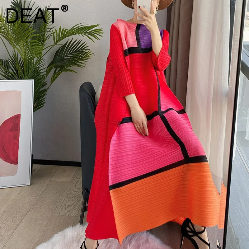 DEAT Women Maxi Pleated Dress Over Size Hit Color Stand Collar Seven Sleeve Loose Waist Casual Style 2022 Autumn 15XF771 Tunics Floral girly DEAT Women Maxi Pleated Dress Over Size Hit Color Stand Collar Seven Sleeve Loose Waist Casual Style 2022 Autumn 15XF771 Tunics Floral girly