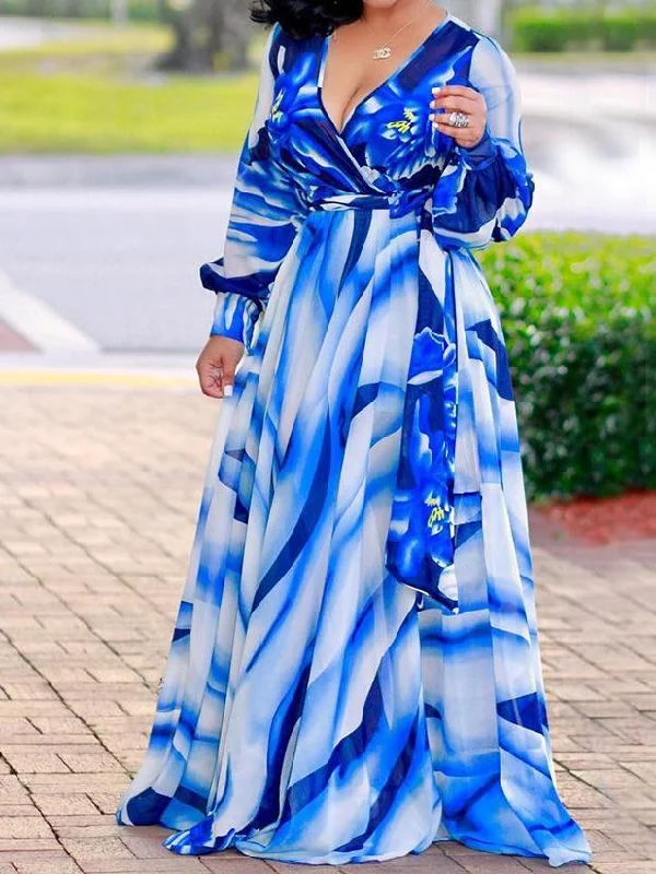 Elegant Chiffon Printed V Neck Long Sleeve Belted Maxi Long Dress Tunics Denim casual Elegant Chiffon Printed V Neck Long Sleeve Belted Maxi Long Dress Tunics Denim casual