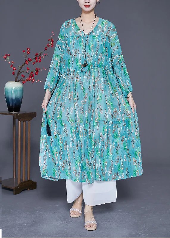 Elegant Green Cinched Print Chiffon Long Dresses Summer Tunics Spring floral