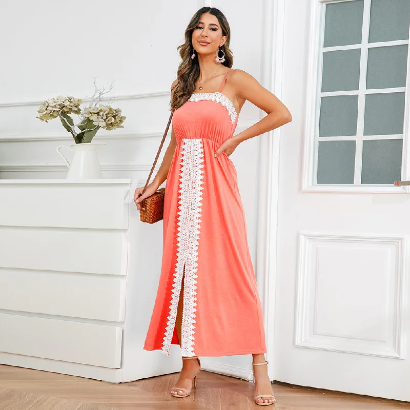 Elegant Lace Trim Summer Long Dresses Off-the-shoulder Chic Trendy