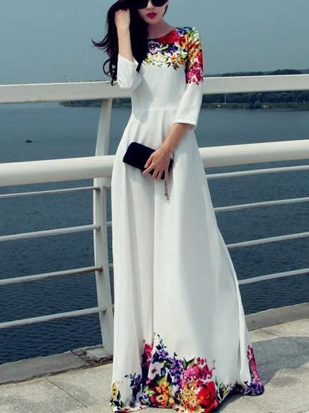 Elegant Print Round Neck Evening Maxi Long Dress Tunics Short Trendy