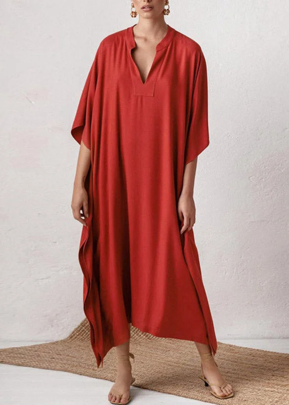 Elegant Red V Neck Side Open Solid Party Long Dress Summer Crew Neckline Sporty