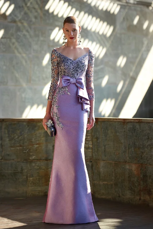 Embroidered bodice bow waisted mermaid gown Boat Neckline Classic
