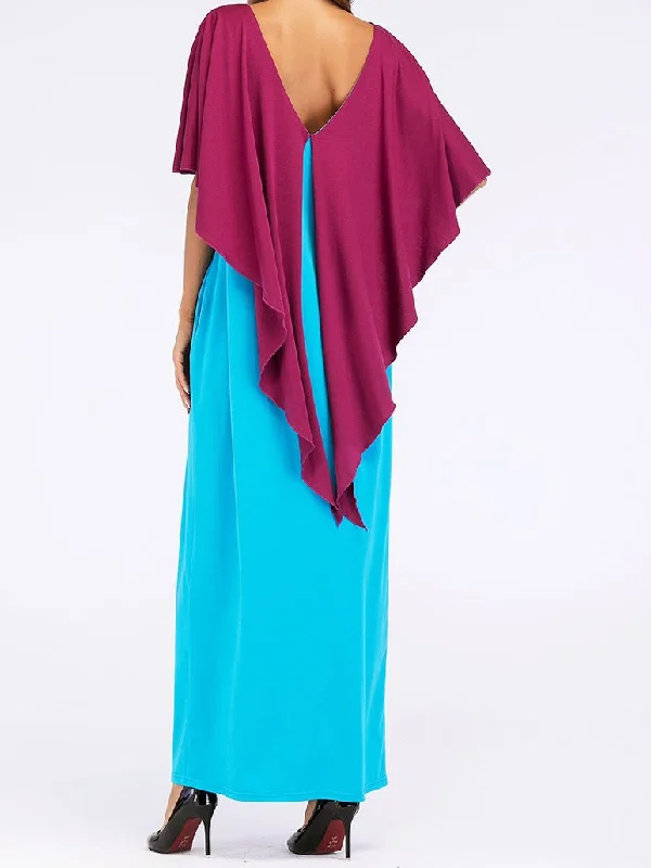 Fashion Contrast Color Asymmetry Cloak Patckwork Design Maxi Long Dress Floral Print girly Fashion Contrast Color Asymmetry Cloak Patckwork Design Maxi Long Dress Floral Print girly