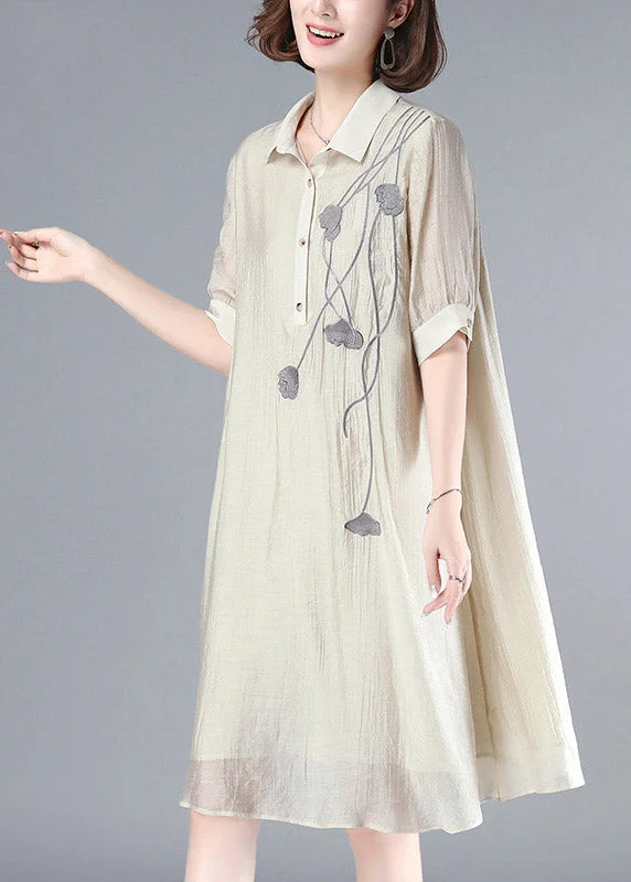 French Beige Peter Pan Collar Embroideried Button Long Dress Summer Bodycon Club Sequined