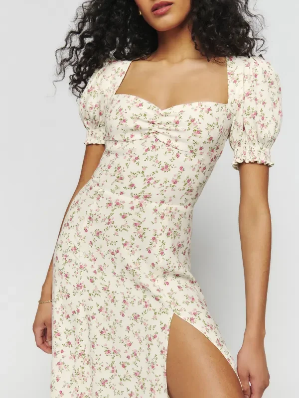 French Elegant Slim Fit High Waist Slit Sexy Print Square Collar Dress Tunics Sophisticated sleek French Elegant Slim Fit High Waist Slit Sexy Print Square Collar Dress Tunics Sophisticated sleek