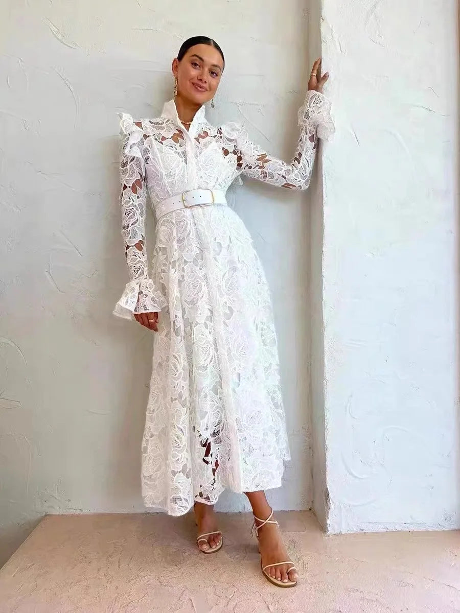 French Temperament hollow long Dress Shift Classic Vintage