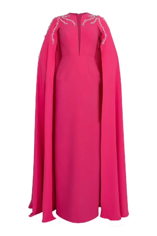FUCHSIA STRAIGHT CUT WITH CAPE LONG DRESS Tunics Business professional