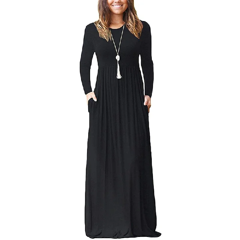 GULE GULE Women's Long Sleeve Round Neck Loose Plain Empire Waist Pleated Maxi Casual Long Dresses with Pockets Tunics Summer linen