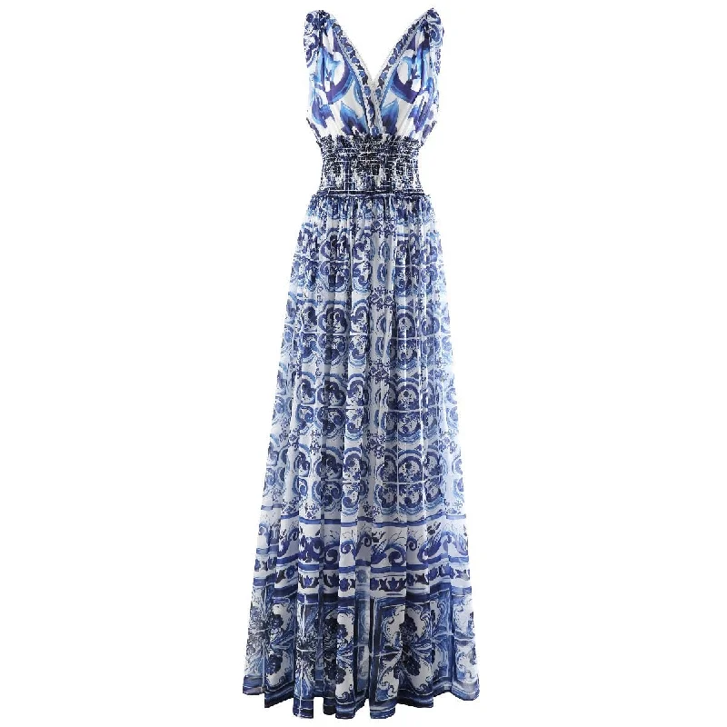 Maxi Long Dress Sleeveless Straps Blue and White Porcelain Pattern Tunics Designer luxury Maxi Long Dress Sleeveless Straps Blue and White Porcelain Pattern Tunics Designer luxury