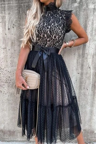 Mid Waist Slit Solid Color Mid Skirt Lace Dress Tunics Luxurious high-end