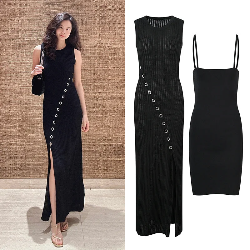 New Black High Waist Diamond Trim Split Knit Dress + Camisole Underneath Tunics Handmade artisanal New Black High Waist Diamond Trim Split Knit Dress + Camisole Underneath Tunics Handmade artisanal
