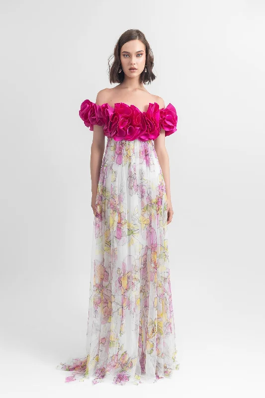 Off-shoulder tulle long dress with ruffled details. Tunics Running lightweight