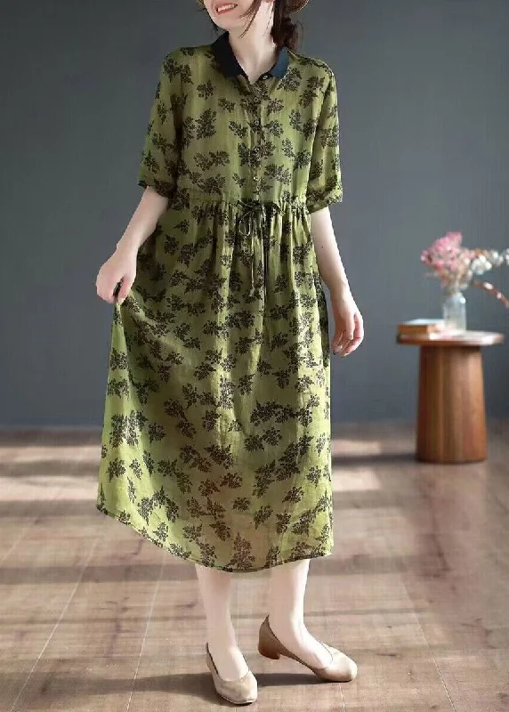 Organic Green Peter Pan Collar Print Button Long Dresses Short Sleeve empire Waist empire Organic Green Peter Pan Collar Print Button Long Dresses Short Sleeve empire Waist empire