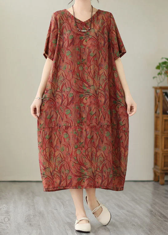Organic Red V Neck Print Patchwork Cotton Long Dresses Summer Tunics Office stylish