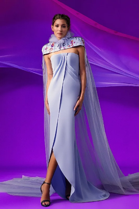 Overlapping crepe dress featuring tulle cape and embroidery Tunics Practical easy-care Overlapping crepe dress featuring tulle cape and embroidery Tunics Practical easy-care