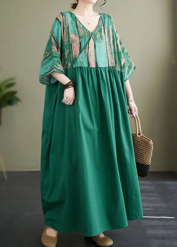 Plus Size Green V Neck Print Wrinkled Patchwork Cotton Long Dress Summer Casual Short Summer Plus Size Green V Neck Print Wrinkled Patchwork Cotton Long Dress Summer Casual Short Summer