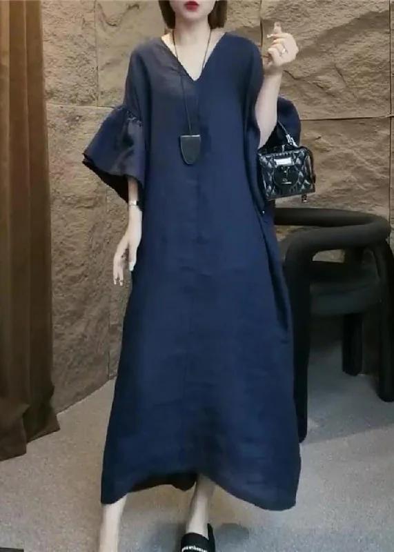 Plus Size Navy V Neck Solid Linen Long Dress Flare Sleeve Square Neckline Feminine