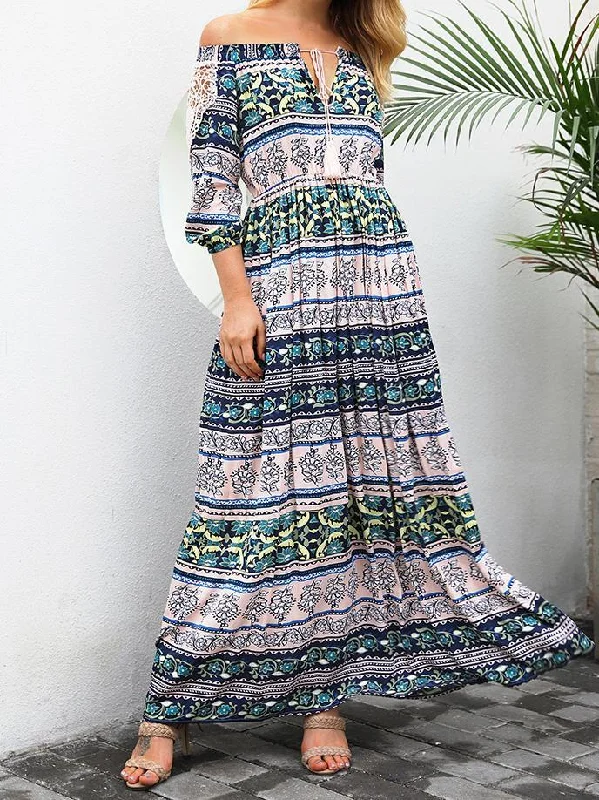 Print Off Shoulder Beach Bohemia Maxi Long Dress Tunics Chic elegant
