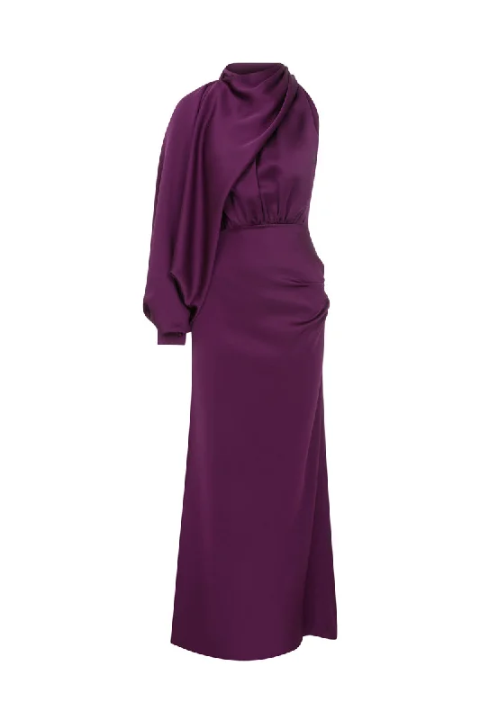 PURPLE ASYMMETRIC SATIN CREPE MIDI DRESS WITH DETATCHABLE CAPE Tunics Sale discount
