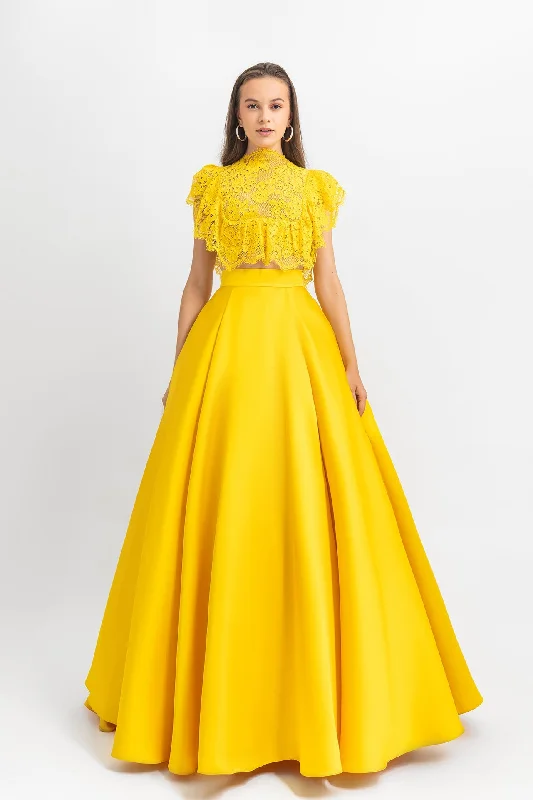 Ruffled details lace top with wide cut satin long dress Elegant Long Evening