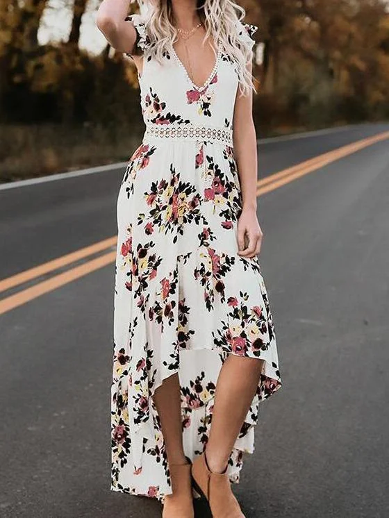 Sexy dress sleeveless V-neck print irregular long dress Tunics Practical easy-care