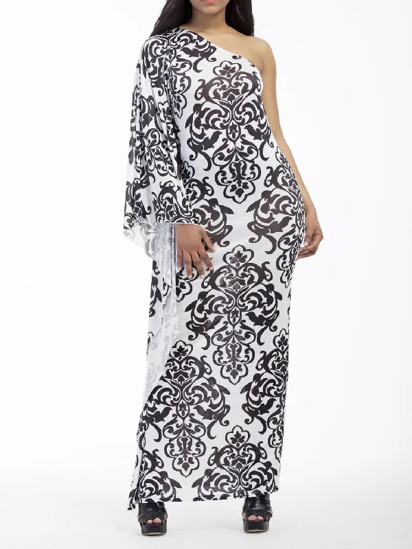 Sexy Printed Oblique Shoulder Boho Beach Maxi Long Dress Tunics Solid Classic
