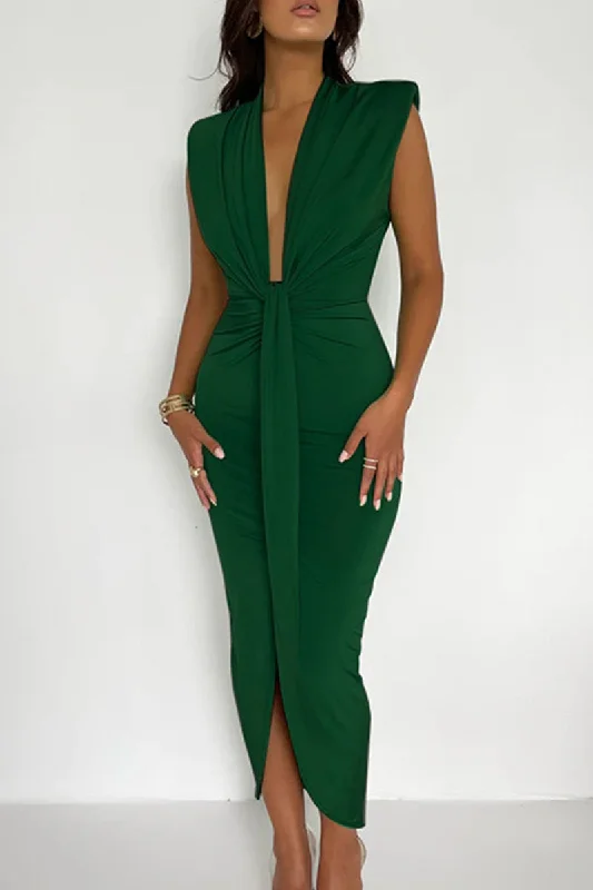 Sexy Solid Fold V Neck Waist Skirt Dresses Tunics Sophisticated sleek