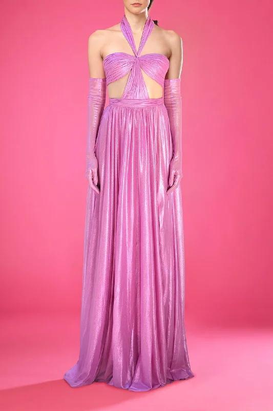 Silk foiled dress featuring cutout bodice and gloves Tunics Travel practical