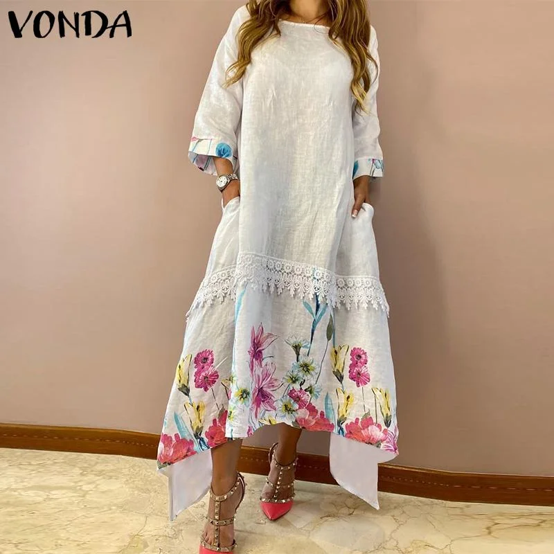 Spring Maxi Long Dress VONDA 2022 Autumn 3/4 Sleeve Lace Irregular Patchwork Dresses Vintage Floral Printed Vestidos Oversize Tunics Party sparkling Spring Maxi Long Dress VONDA 2022 Autumn 3/4 Sleeve Lace Irregular Patchwork Dresses Vintage Floral Printed Vestidos Oversize Tunics Party sparkling