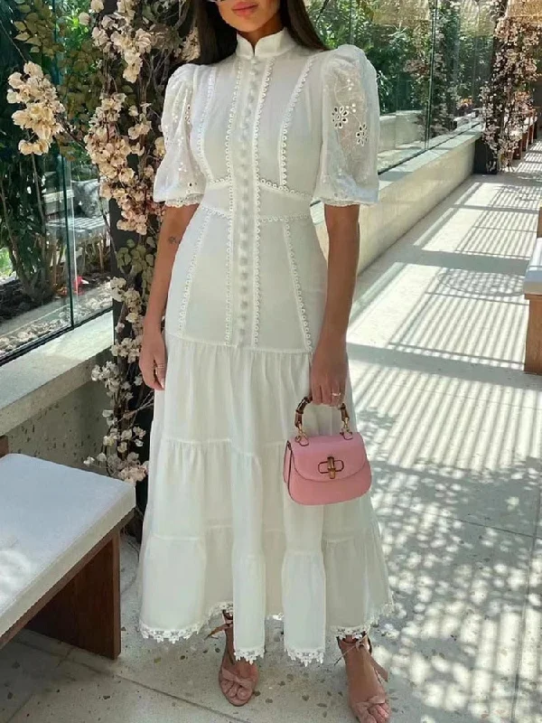 Stand Collar Short Puff Sleeve High Waist Patchwork Lace Long Dresses Tunics Canvas sturdy