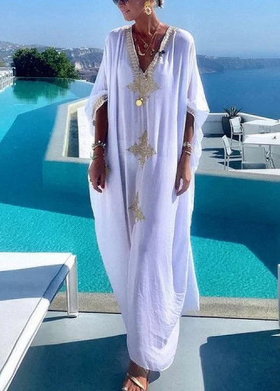 Statement Embroidered Beach Vacation White Long Dress Tunics Stylish modern