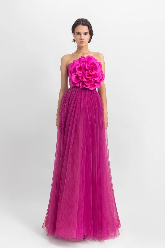 Strapless long dress with satin flower design on the top; fully-pleated from the bottom. Tunics Silk luxurious Strapless long dress with satin flower design on the top; fully-pleated from the bottom. Tunics Silk luxurious