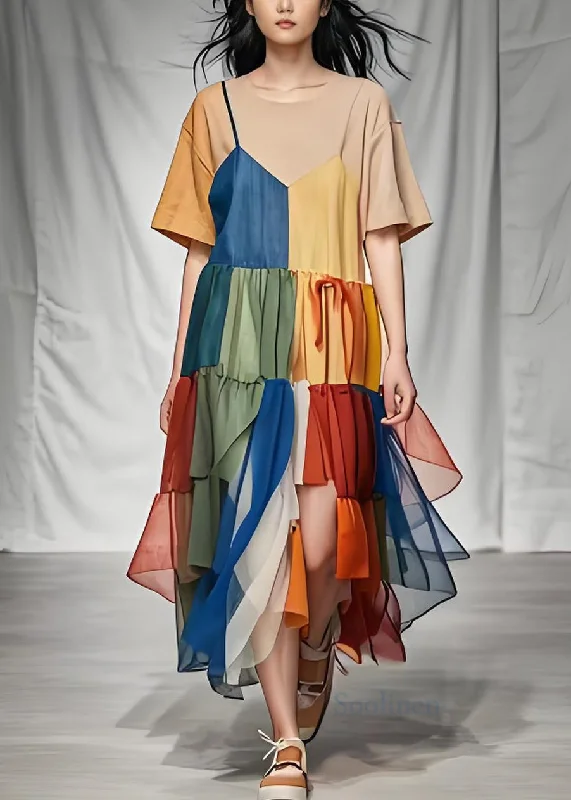 Style O Neck Wrinkled Tulle Patchwork Cotton Long Dress Summer Tunics Corduroy durable